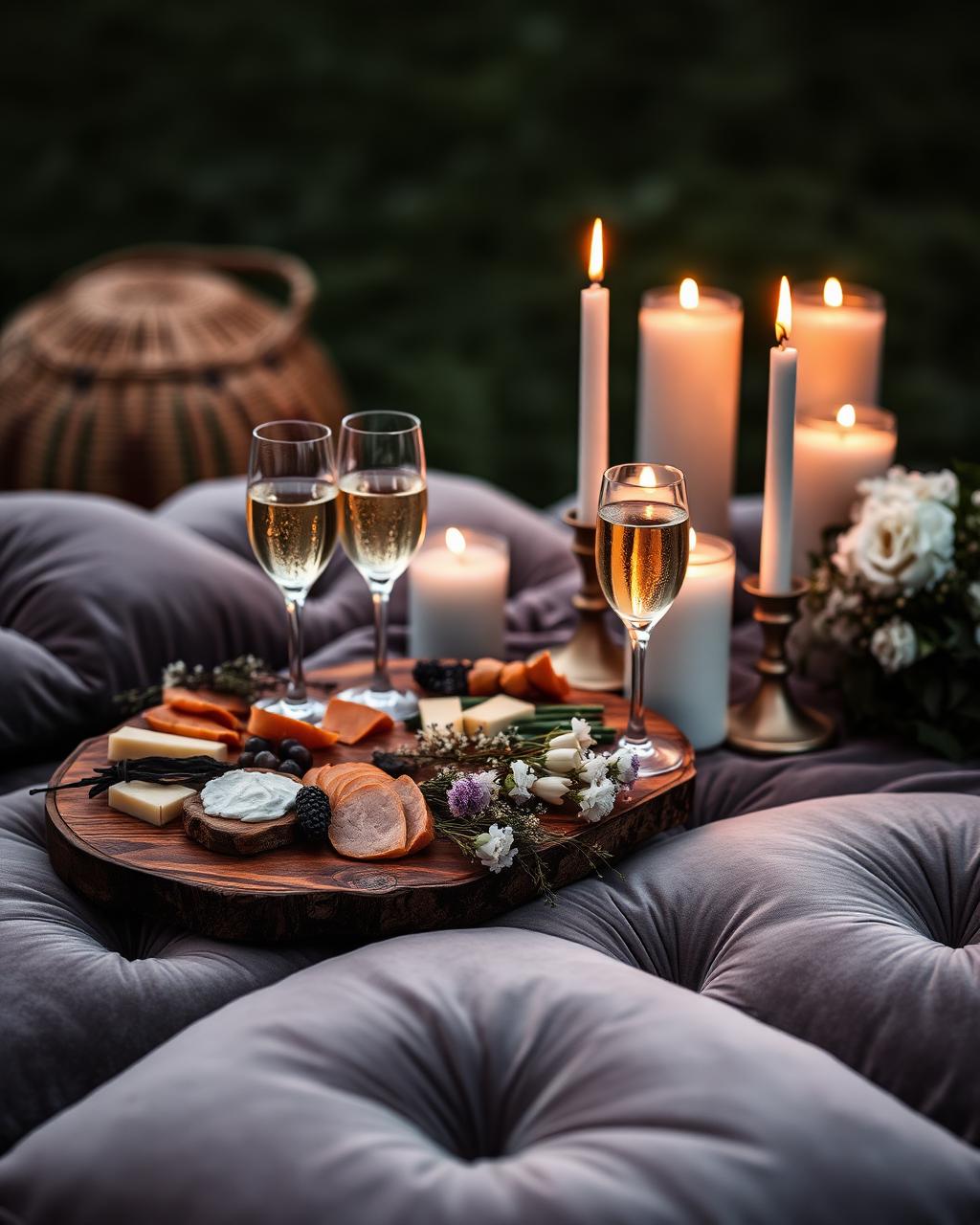 Styled picnic detail with florals, candles and layered textiles