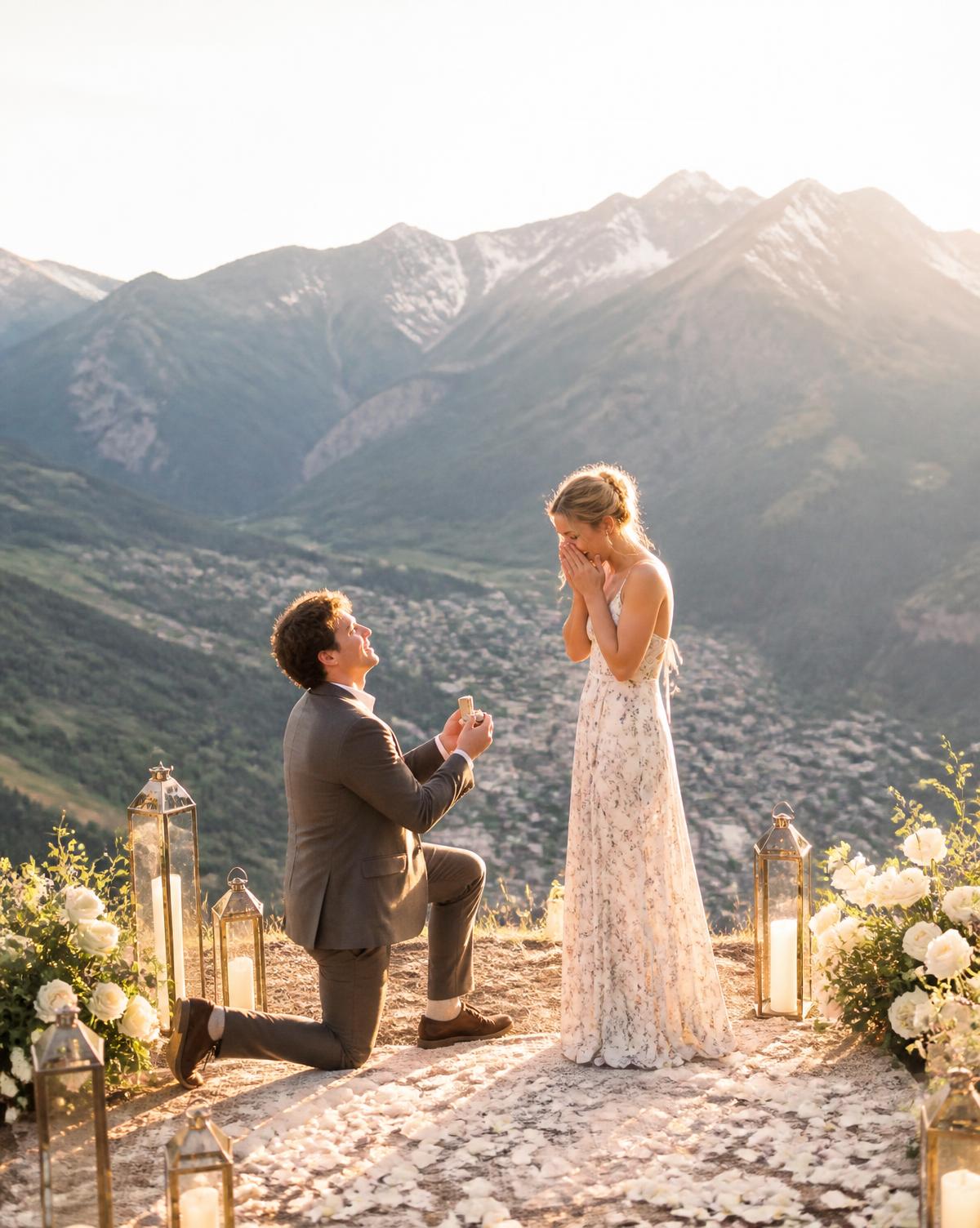 Couple proposing on an alpine overlook above Telluride at golden hour